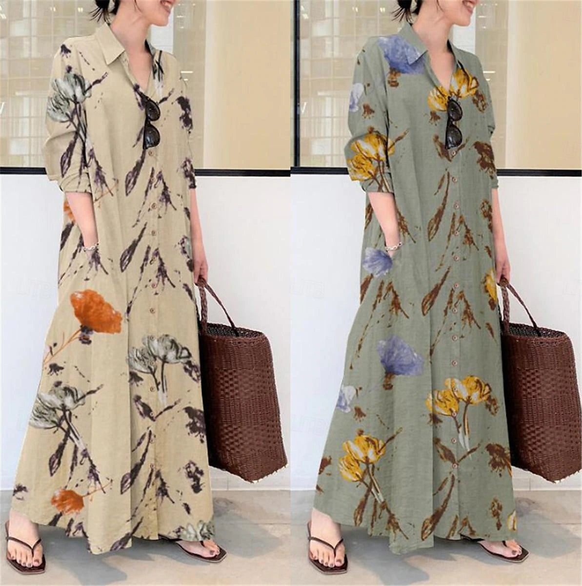 Women's Shirt Dress Casual Dress Cotton Linen Dress Maxi long Dress Button Pocket Daily Shirt Collar Long Sleeve Summer Spring Green Apricot Floral