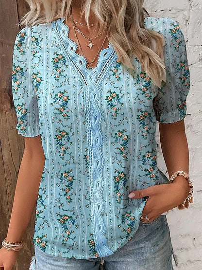 Women's Shirt Boho Shirt Lace Shirt Blouse Floral Casual Holiday Print Lace Trims Blue Short Sleeve Basic V Neck