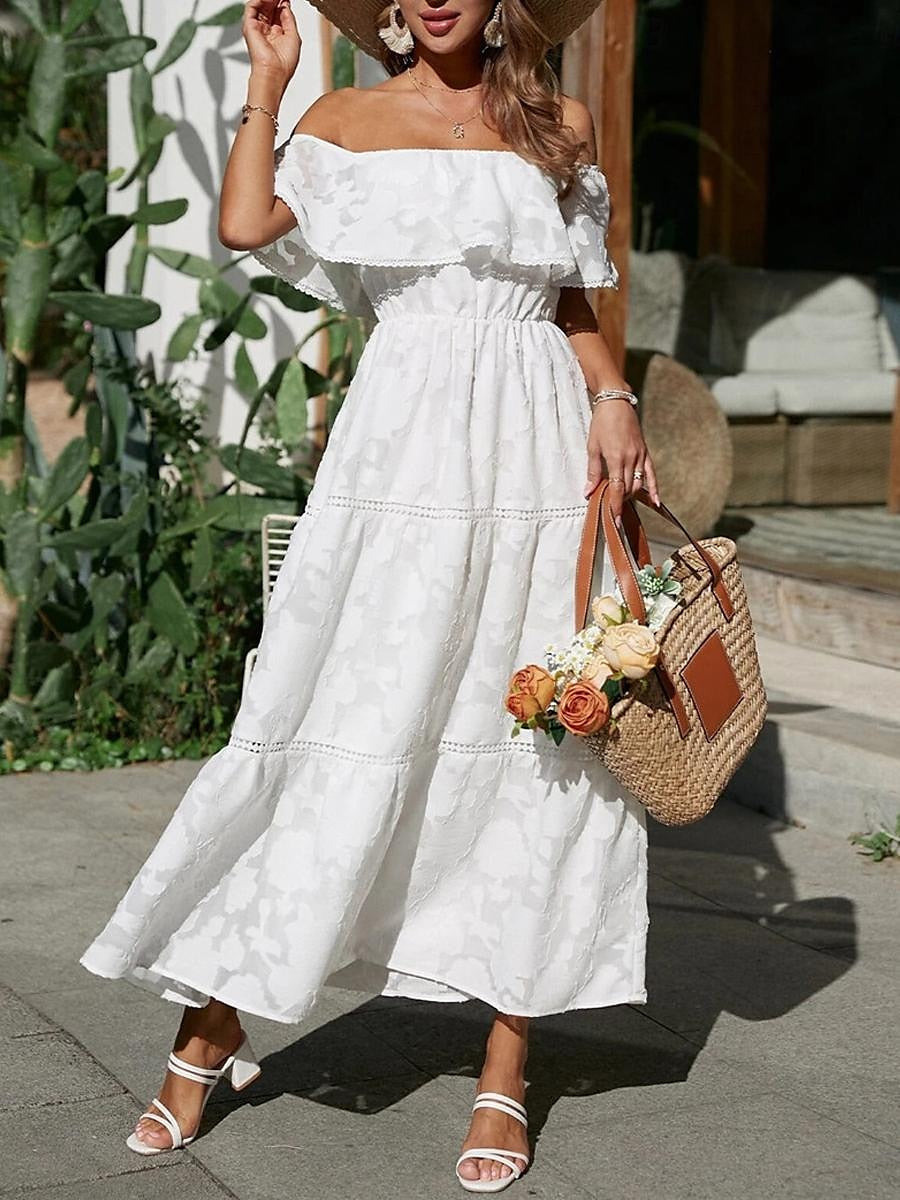 Women's White Dress Long Dress Maxi Dress Chiffon Lace Ruffle Date Vacation Streetwear A Line Off Shoulder Short Sleeve Black White Pink Color