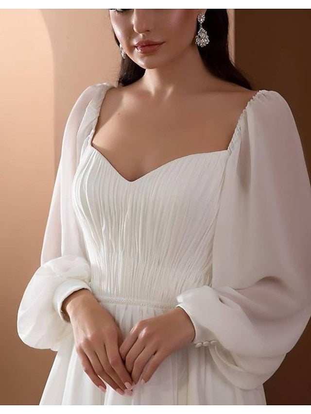 Beach Vintage Wedding Dresses A-Line Off Shoulder Long Sleeve Court Train Chiffon Bridal Gowns With Pleats Beading 2023 Summer Wedding Party, Women's Clothing - LuckyFash™