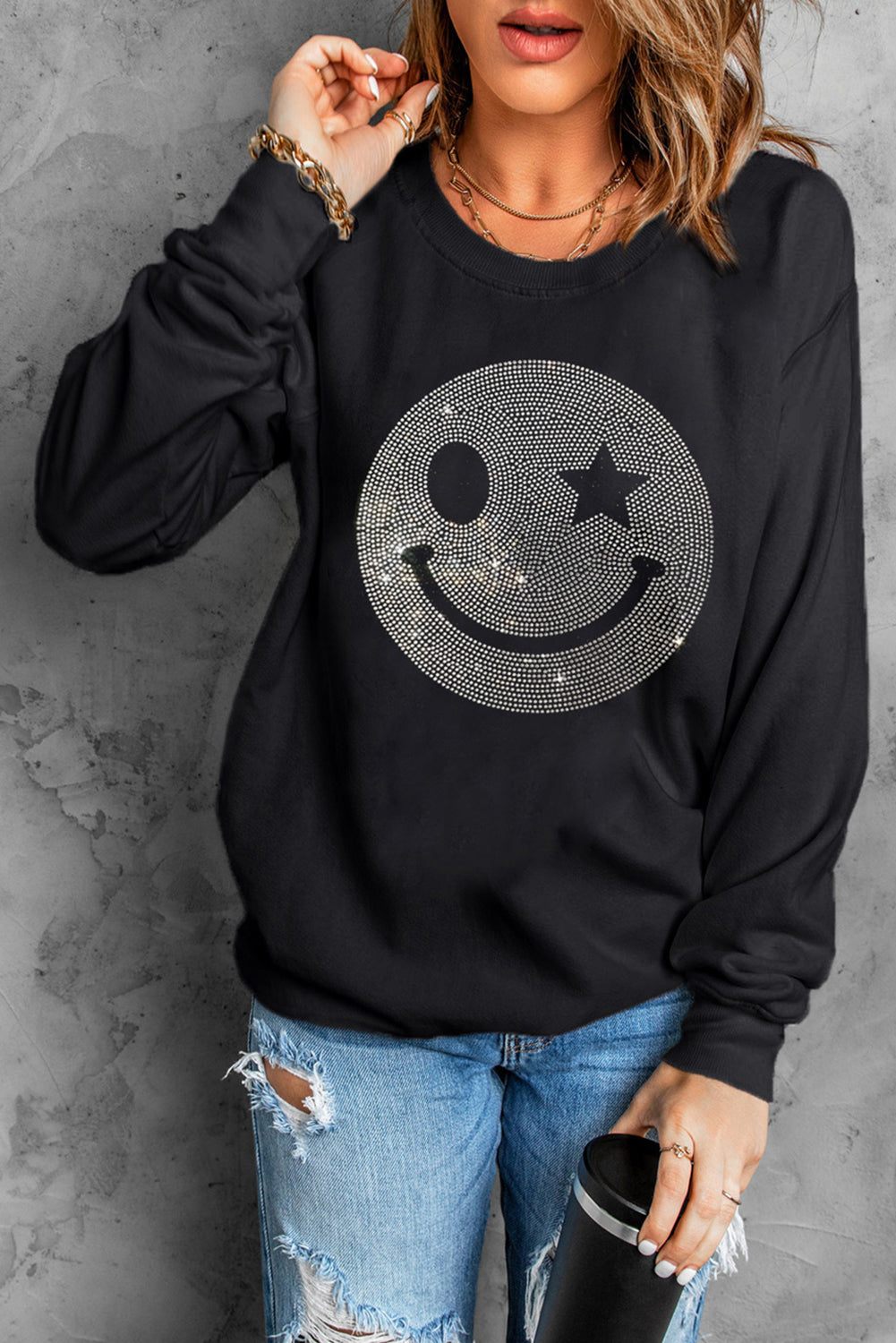 Black Rhinestone Smile Face Graphic Drop Shoulder Sweatshirt