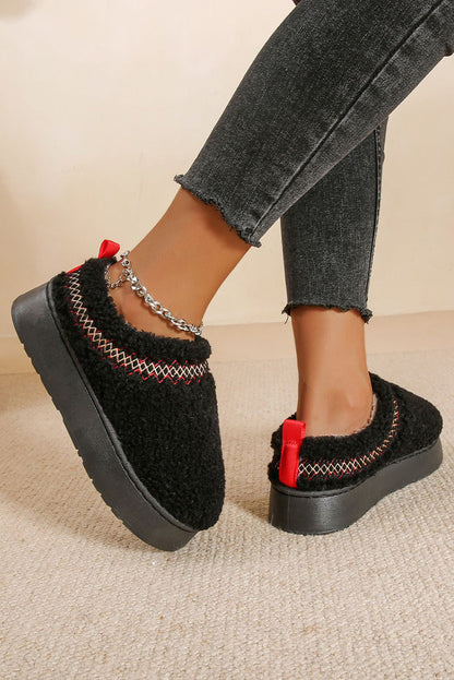Black Embroidered Sherpa Plush Thick Sole Snow Boots