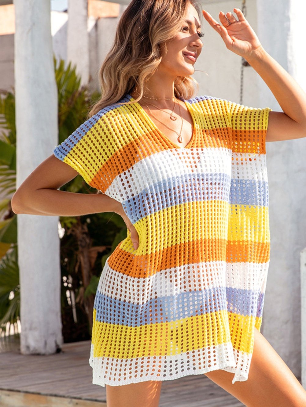 Yellow Colorblock Striped Crochet V Neck Tunic Cover Up