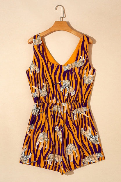 Multicolour Tiger Printed Sleeveless V Neck Romper