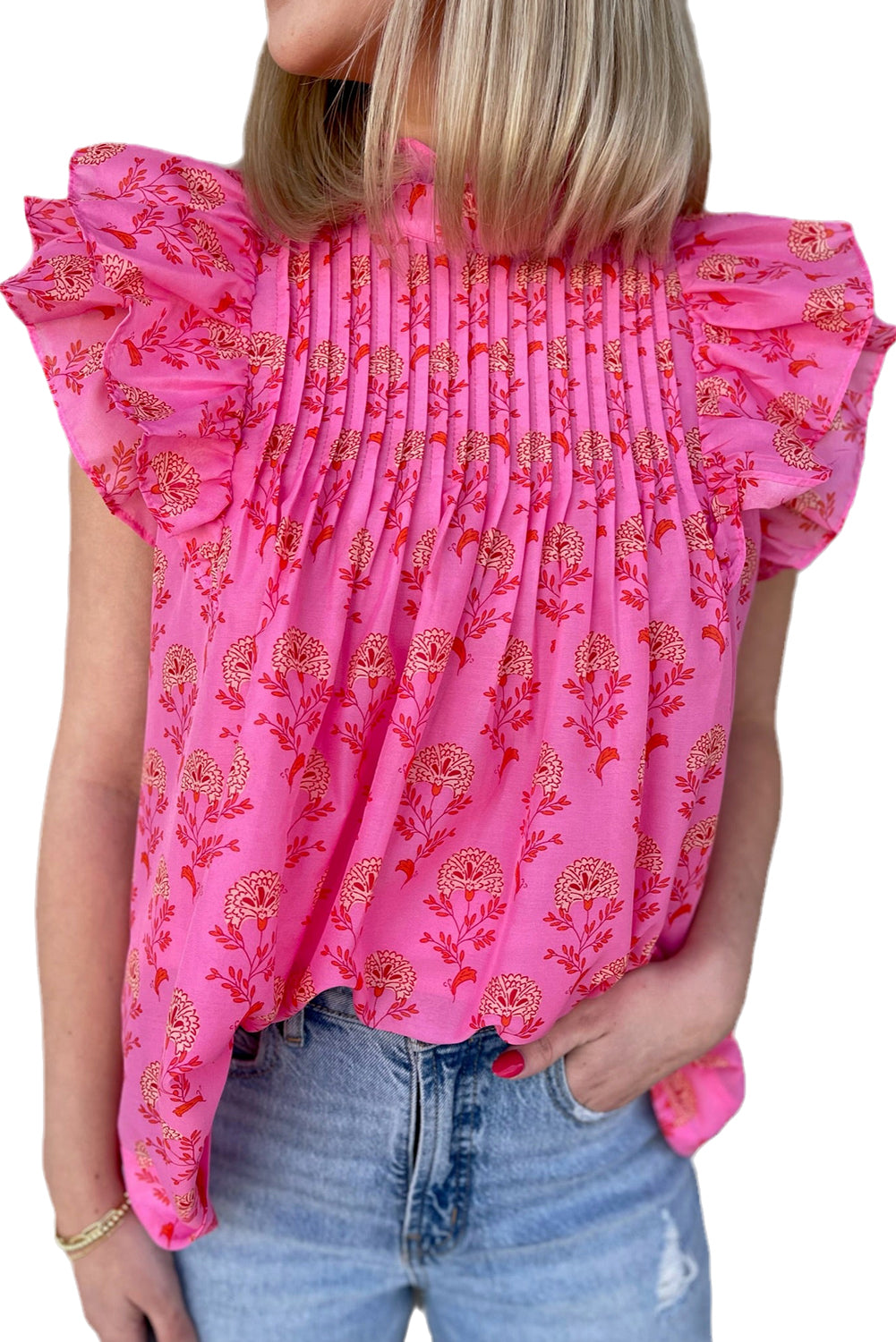 Rose Red Floral Print Pleated Ruffled Flutter Sleeve Blouse