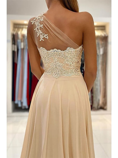 A-Line Prom Dresses Sexy Dress Formal Court Train Sleeveless One Shoulder Chiffon with Slit Appliques 2023 - LuckyFash™