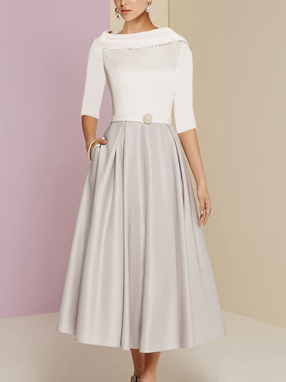 A-Line Mother of the Bride Dress Wedding Guest Vintage Elegant Jewel Neck Tea Length Charmeuse Half Sleeve with Pleats Crystals 2023 - LuckyFash™