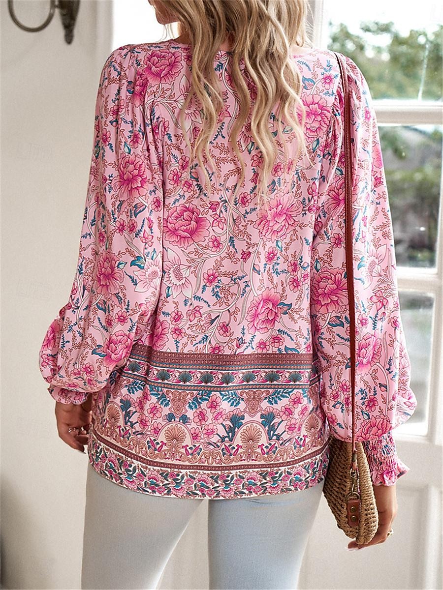 Women's Shirt Blouse Floral Vacation Beach Lace up Print Pink Long Sleeve Casual Boho V Neck Summer