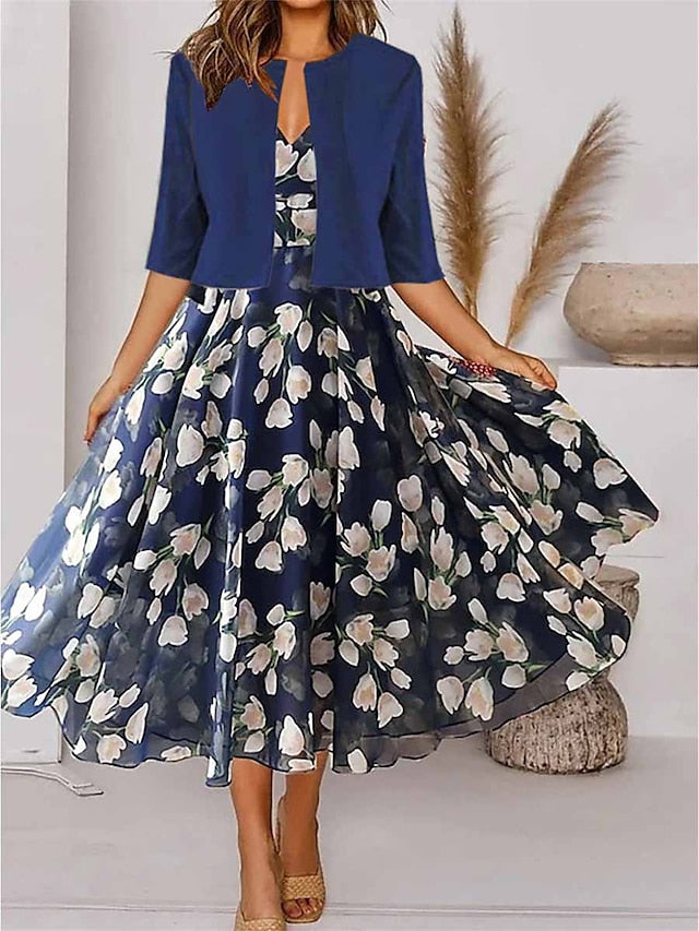 Women's Two Piece Dress Set Casual Dress Chiffon Dress Outdoor Daily Fashion Elegant Print Midi Dress V Neck Half Sleeve Floral Regular Fit Navy Blue Purple Green Summer Spring S M L XL XXL - LuckyFash™