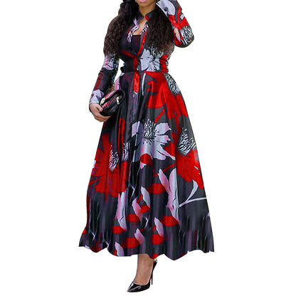 Women's Shirt Dress Work Dress A Line Dress Maxi long Dress Red Blue Fuchsia Long Sleeve Floral Print Spring Shirt Collar Elegant Summer Dress Spring Dress 2022 M L XL XXL