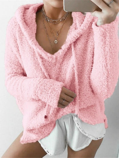 Women's Pullover Sweater Jumper Hooded Ribbed Knit Polyester Lace up Fall Winter Daily Going out Weekend Stylish Casual Soft Long Sleeve Solid Color Black White Pink S M L