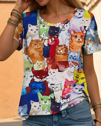 Women's T shirt Tee Cat Casual Black Short Sleeve Fashion Crew Neck Spring & Summer