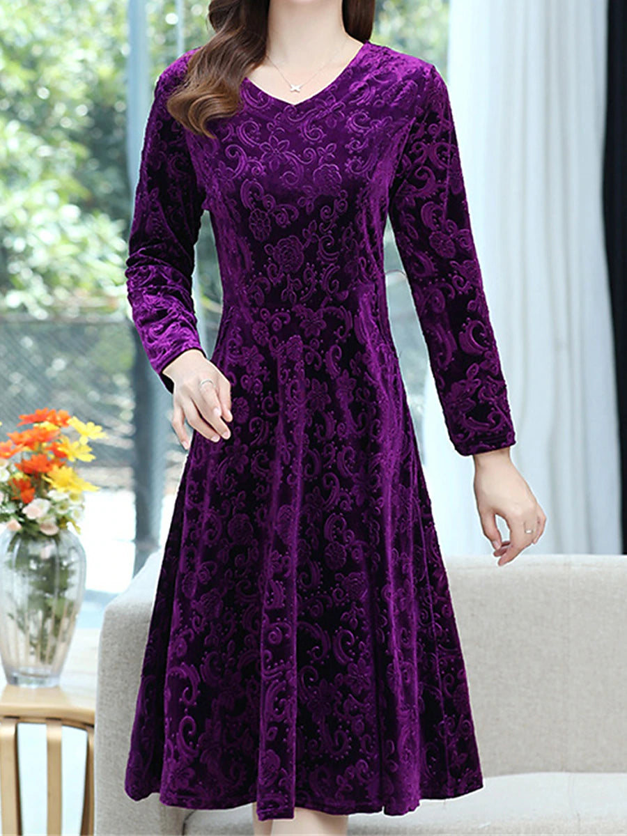 Women's Velvet Dress Casual Dress Swing Dress Midi Dress Pocket Daily Elegant Fashion V Neck Long Sleeve Black Wine Blue Color