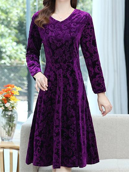 Women's Velvet Dress Casual Dress Swing Dress Midi Dress Pocket Daily Elegant Fashion V Neck Long Sleeve Black Wine Blue Color