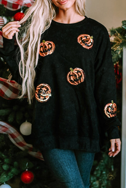 Black Sequined Jack O Lantern Split Hem Baggy Sweatshirt