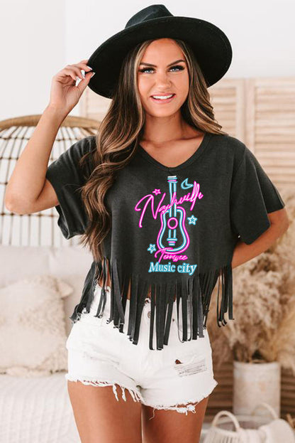 Black Nashville Forever V Neck Fringed T-Shirts