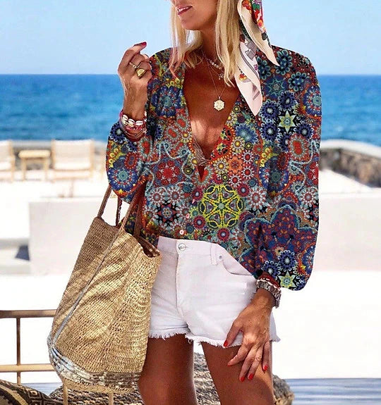 Women's Shirt Blouse White Navy Blue Rainbow Graphic Floral Print Long Sleeve Casual Daily Vintage Tropical Shirt Collar Regular Floral S