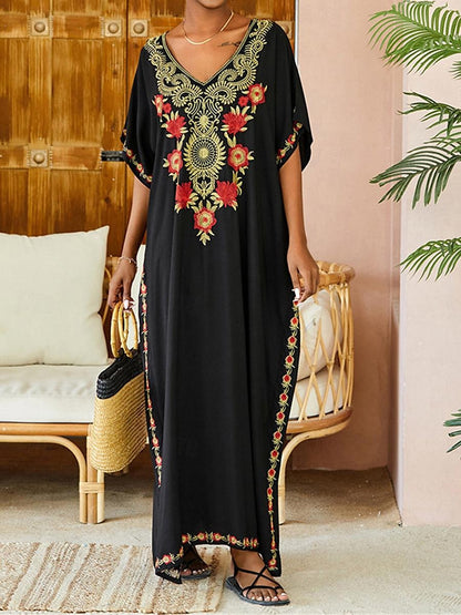 Women's White Dress Summer Dress Cover Up Long Dress Maxi Dress Embroidered Split Vacation Beach Maxi Boho V Neck Half Sleeve Black White Color