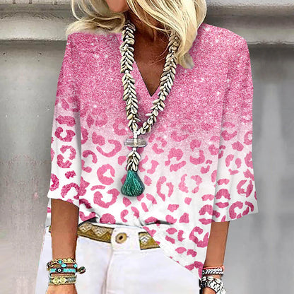 Women's Shirt Blouse Leopard Casual Print Pink 3/4 Length Sleeve Basic Neon & Bright V Neck