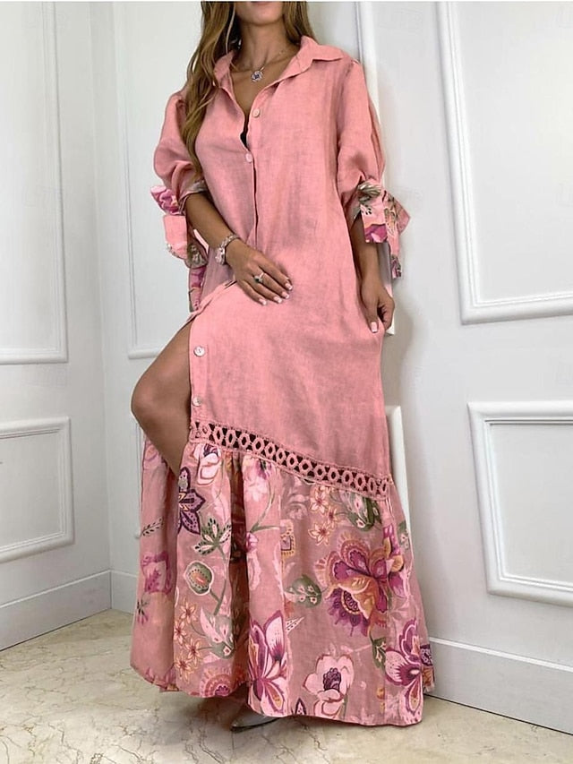 Women's Shirt Dress Casual Dress Maxi long Dress Date Vacation Polyester Maxi Modern Shirt Collar Button Print 3/4 Length Sleeve Summer Spring Loose Fit White Yellow Pink Floral S M L XL 2XL