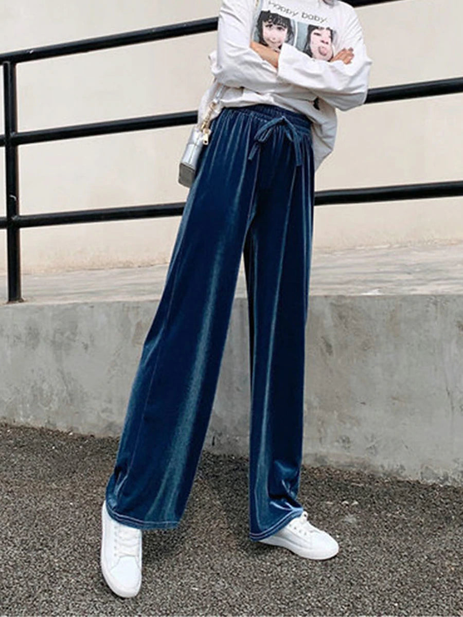 Women‘s Wide Leg Velvet Pants Trousers Baggy Full Length Pocket Micro-elastic High Waist Fashion Streetwear Party Peacock Blue Black S M Fall & Winter