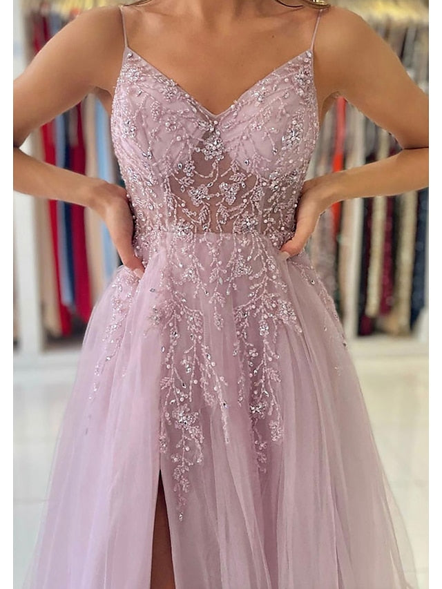 A-Line Prom Dresses Princess Dress Formal Court Train Sleeveless V Neck Tulle with Beading 2023 - LuckyFash™