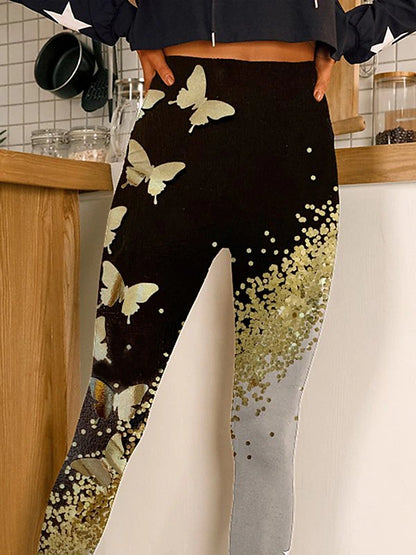 Women's Tights Normal Polyester Butterfly Black White Fashion Mid Waist Full Length Casual Weekend Summer Spring &  Fall