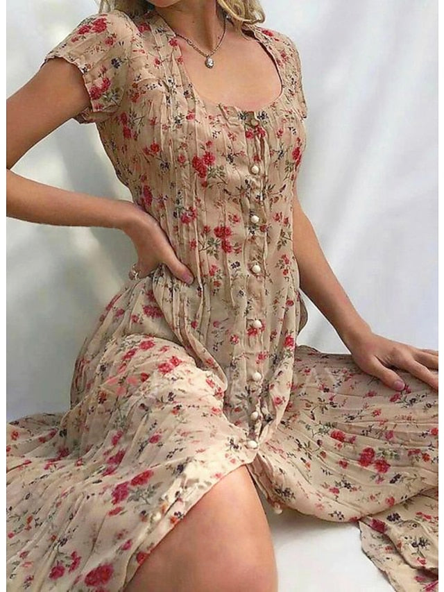 Women's Shift Dress Midi Dress Purple Pink Yellow Beige Light Blue Short Sleeve Floral Print Spring Summer Square Neck Hot Vintage Boho Loose 2023 S M L XL XXL 3XL - LuckyFash™