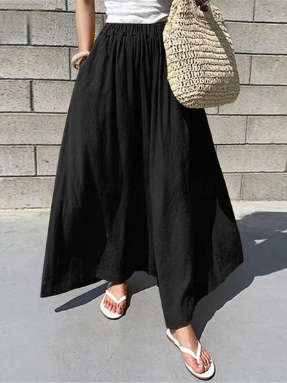 Women's Wide Leg Cotton Linen Plain Black Yellow Basic High Waist Long Daily Wear Vacation Summer Spring