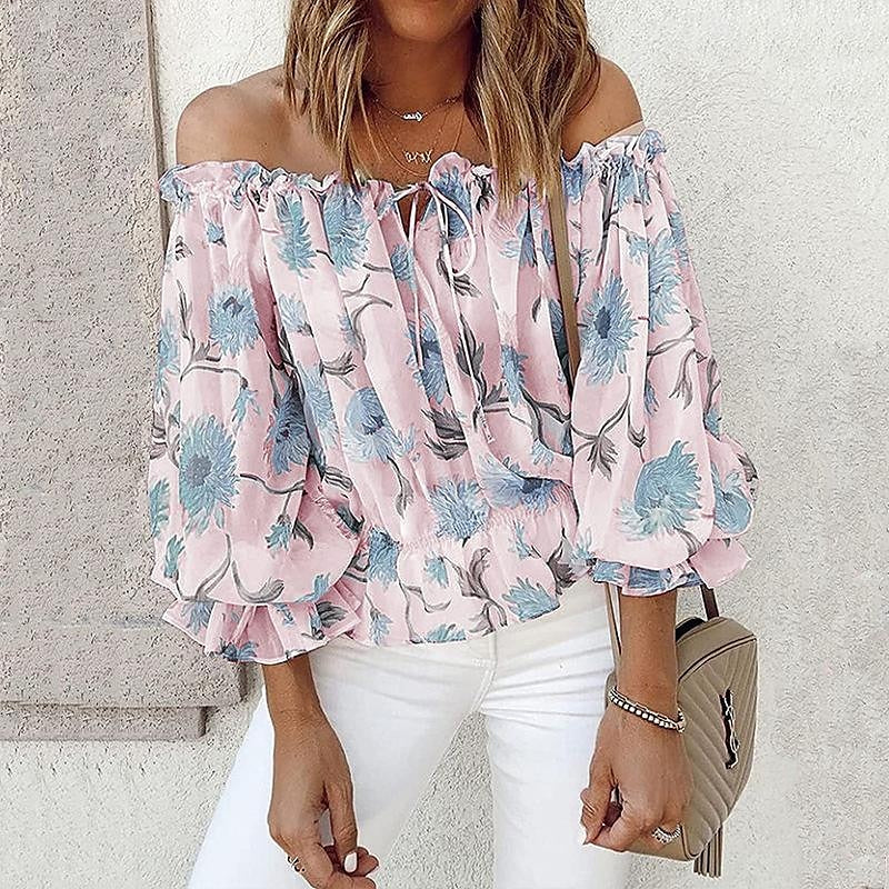 Women's Shirt Blouse Floral Casual Holiday Lace up Button Print Cold Shoulder White Long Sleeve Fashion Off Shoulder Summer