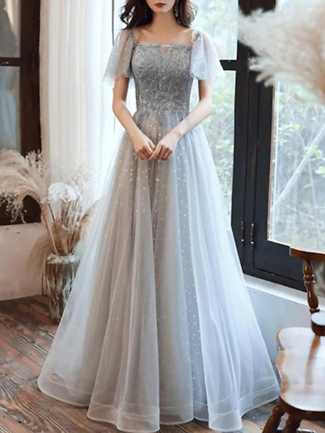 A-Line Glittering Elegant Wedding Guest Formal Evening Dress Scoop Neck Short Sleeve Floor Length Tulle with Pleats Sequin 2022 - LuckyFash™