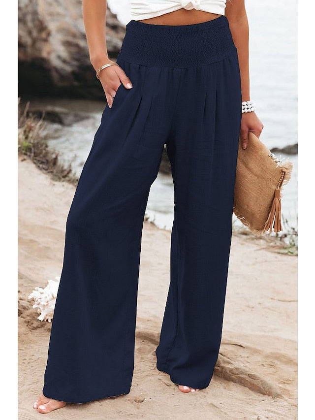 Women's Wide Leg Linen Pants Trousers Pants Trousers Cotton Apple Green Black White High Waist Fashion Casual Lounge Daily Vacation Baggy Micro-elastic Full Length S M L XL XXL - LuckyFash™