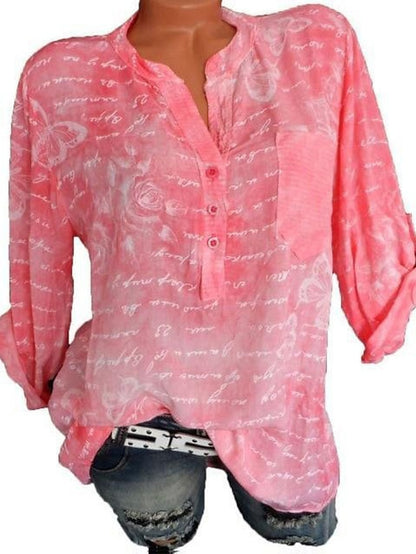 Women's Shirt Blouse Cotton Graphic Daily Weekend Button Print Pink Long Sleeve Basic V Neck Spring Fall