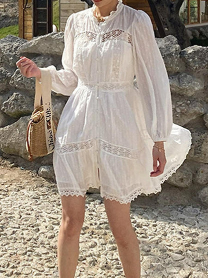 Women's White Dress Lace Dress Casual Dress Mini Dress Cotton Lace Patchwork Date Vacation Elegant Streetwear Stand Collar Long Sleeve Beige Color