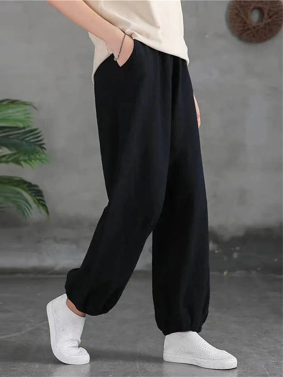 Women's Sweatpants Linen Cotton Blend Plain Light Yellow Black Vacation High Waist Full Length Street Daily Fall Winter