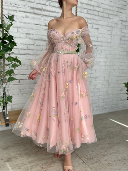 A-Line Prom Dresses Floral Dress Wedding Guest Ankle Length Long Sleeve Off Shoulder Lace with Embroidery Appliques 2023 - LuckyFash™