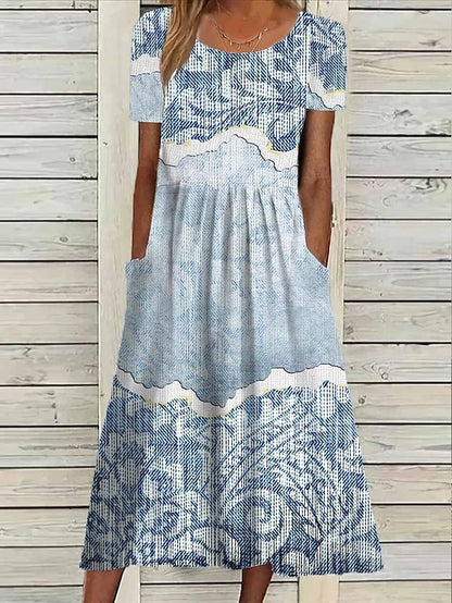 Women's Casual Dress Summer Dress Print Dress Floral Butterfly Pocket Print Crew Neck Midi Dress Fashion Streetwear Outdoor Daily Short Sleeve Loose Fit Black White Royal Blue Summer Spring S M L XL - LuckyFash™