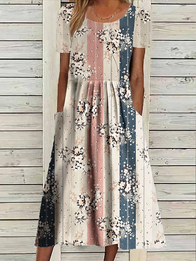 Women's Casual Dress Summer Dress Print Dress Floral Butterfly Pocket Print Crew Neck Midi Dress Fashion Streetwear Outdoor Daily Short Sleeve Loose Fit Black White Royal Blue Summer Spring S M L XL - LuckyFash™
