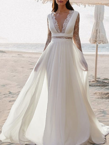 Beach Open Back Boho Wedding Dresses A-Line V Neck Sleeveless Floor Length Chiffon Bridal Gowns With Pleats 2023 Summer Wedding Party, Women's Clothing - LuckyFash™