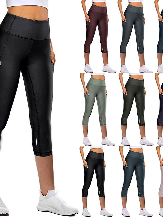 Women's Running Tights Leggings Running Capri Leggings with Phone Pocket High Waist Base Layer Athletic Athleisure Spandex Tummy Control Butt Lift Breathable Fitness Gym Workout Running Sportswear - LuckyFash™