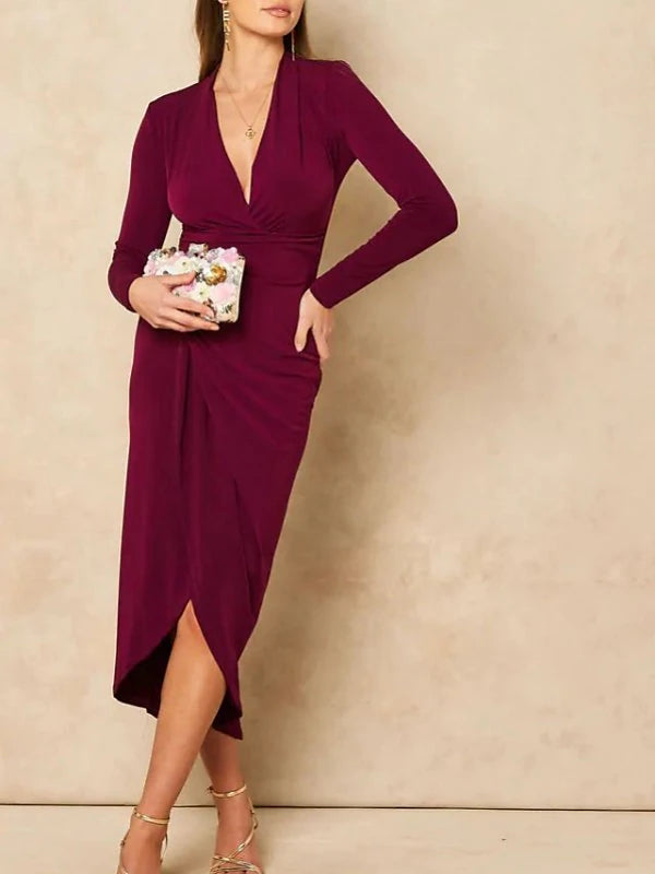 Women's Semi Formal Party Dress Shift Dress Midi Dress Black Wine Red Long Sleeve Pure Color Ruched Winter Fall Autumn V Neck Winter Dress Fall Dress 2023 S M L XL