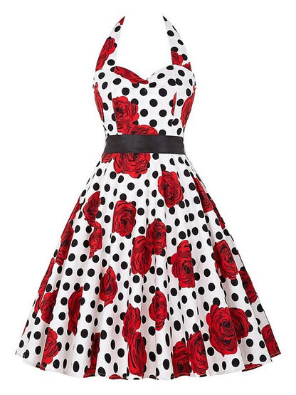 Women's Retro 1950s Vintage Tea Dresses Midi Dress Party Holiday Backless Print Floral Halter Sleeveless Regular Fit Summer Spring 2023 Black White S M L XL