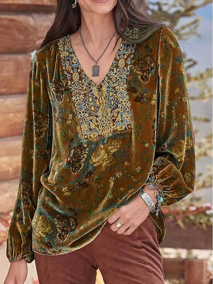 Women's Shirt Boho Shirt Blouse Velvet Floral Party Christmas New Year Print Yellow Long Sleeve Basic V Neck Spring Fall