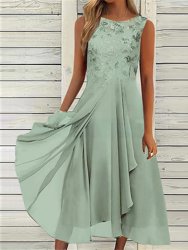 Women's Wedding Guest Dress Party Dress Lace Dress Midi Dress Blue Green Dark Blue Sleeveless Pure Color Lace Summer Spring Fall Crew Neck Fashion Wedding Guest Vacation Summer Dress Loose Fit 2023 S - LuckyFash™