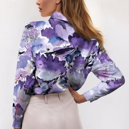 Women's Shirt Blouse Floral Casual Holiday Button Print Purple Long Sleeve Fashion Streetwear Shirt Collar Summer Spring