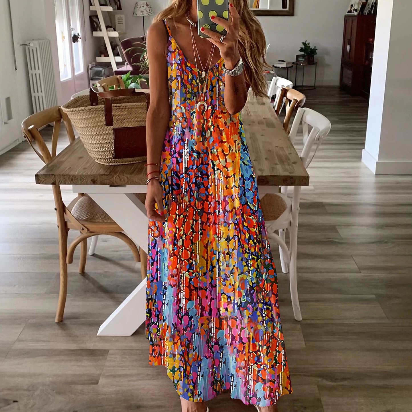 Women's Slip Dress Graphic Print V Neck Maxi long Dress Sleeveless Summer