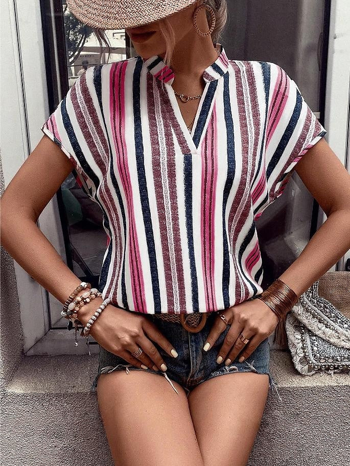 Women's Shirt Blouse Striped Daily Vacation Print Red Short Sleeve Casual V Neck Summer