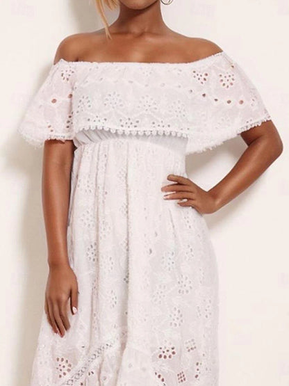 Women's Summer Dress Boho Wedding Guest Dress White Lace Wedding Dress Midi Dress with Sleeve Party Vacation Elegant Off Shoulder Short Sleeve White Color