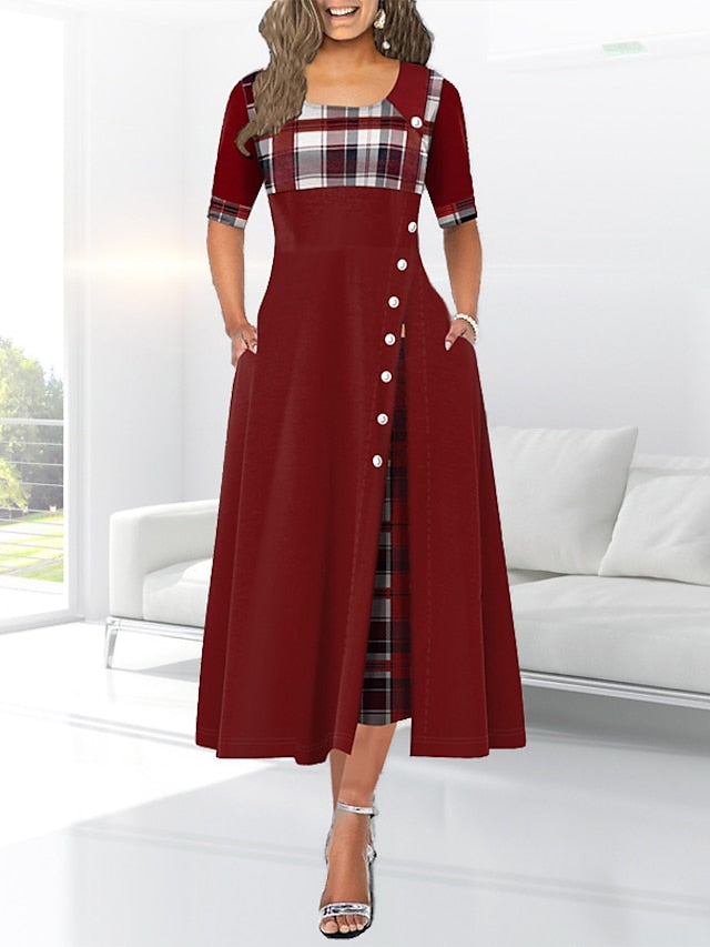 Women's Work Dress Swing Dress Plaid Dress Midi Dress Black Yellow Wine Half Sleeve Plaid Patchwork Summer Spring Crew Neck Modern Winter Dress Office Birthday 2023 S M L XL XXL 3XL 4XL 5XL - LuckyFash™