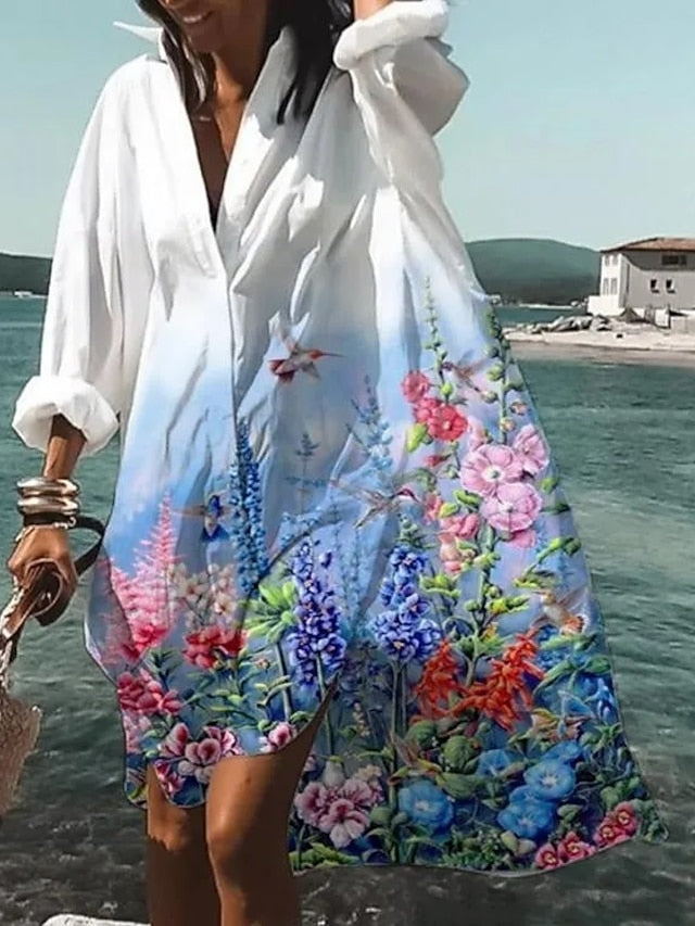 Women's Shirt Dress Print Lapel Mini Dress Elegant Date Vacation Long Sleeve Summer Spring